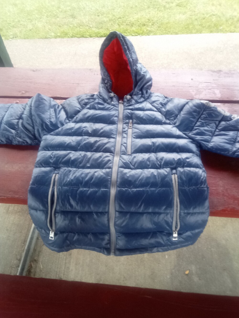 Guess Puffer Jacket in Vibrant Orange with Navy Trim